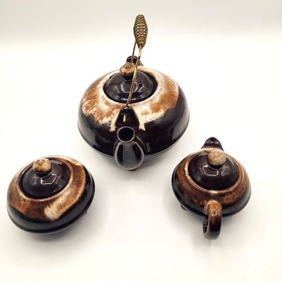 Vintage Redware Drip Glaze Teapot Creamer Sugar Set Wire Handle Ceramic Japan - Picture 5 of 11
